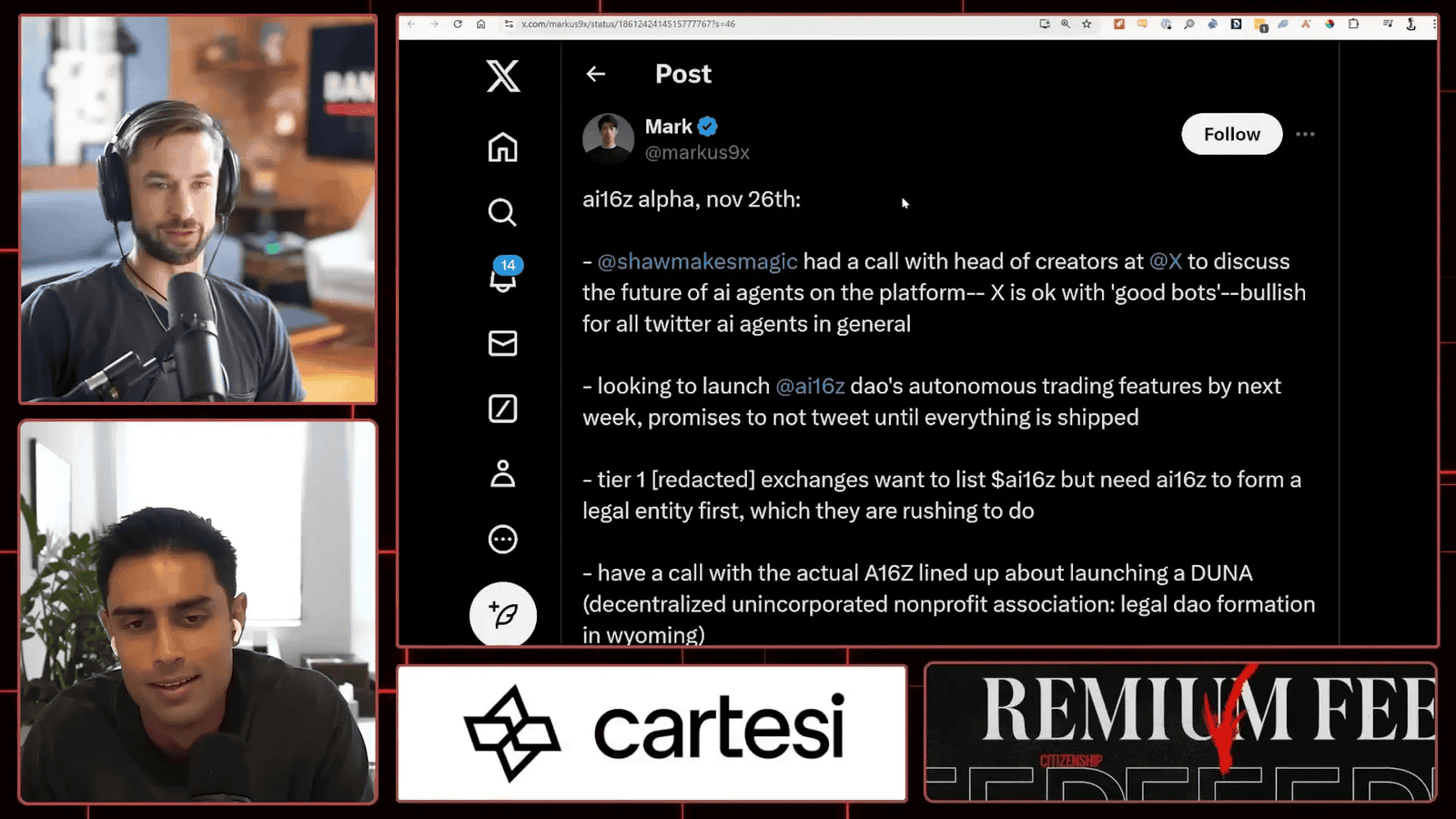 AI 16z founder Shaw's announcement