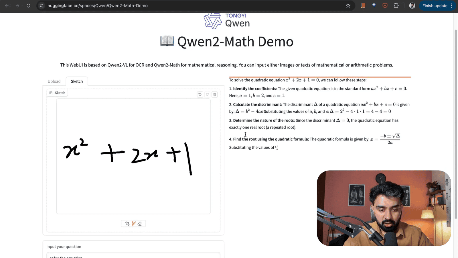 Qwen 2 Math Demo solving a quadratic equation