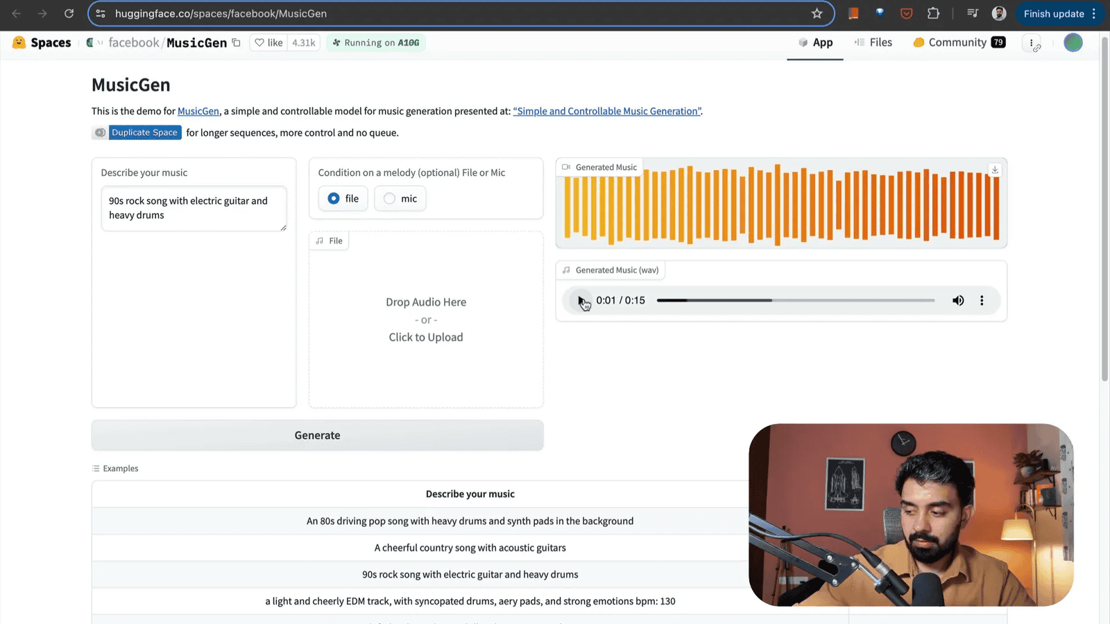 MusicGen generating a nineties rock song