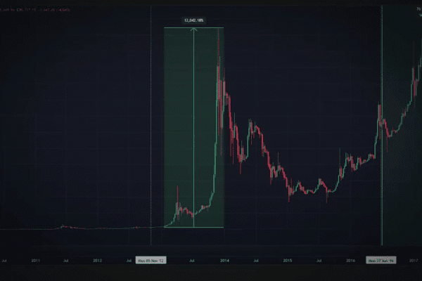 Bitcoin price chart from 2010–2017 with a highlighted cycle box and halving markers illustrating the 2012–2013 rally