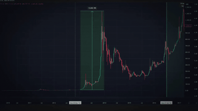 Bitcoin price chart from 2010–2017 with a highlighted cycle box and halving markers illustrating the 2012–2013 rally