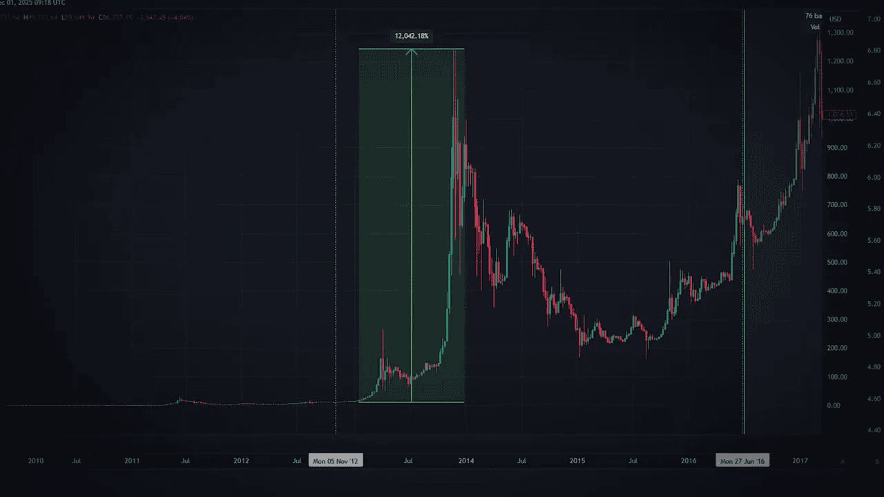 Bitcoin price chart from 2010–2017 with a highlighted cycle box and halving markers illustrating the 2012–2013 rally