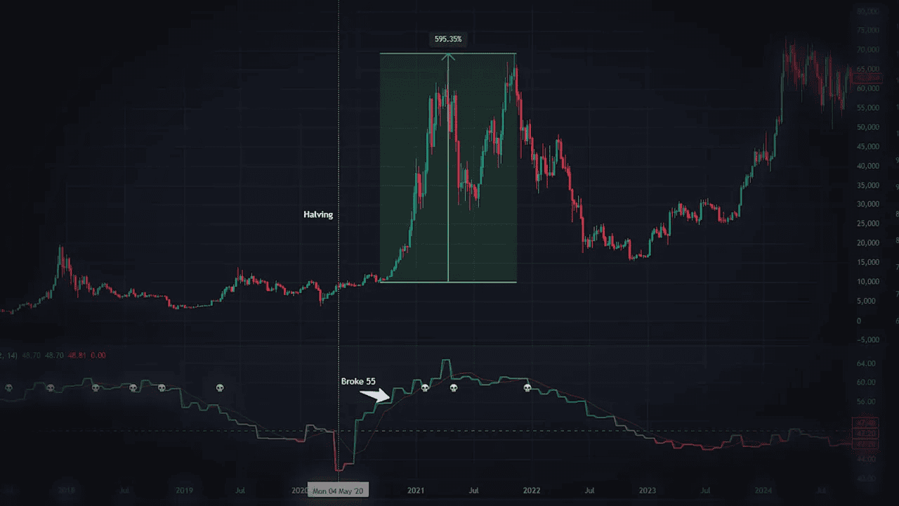 bitcoin price chart with halving label, shaded rally region and lower PMI indicator annotated 'Broke 55'