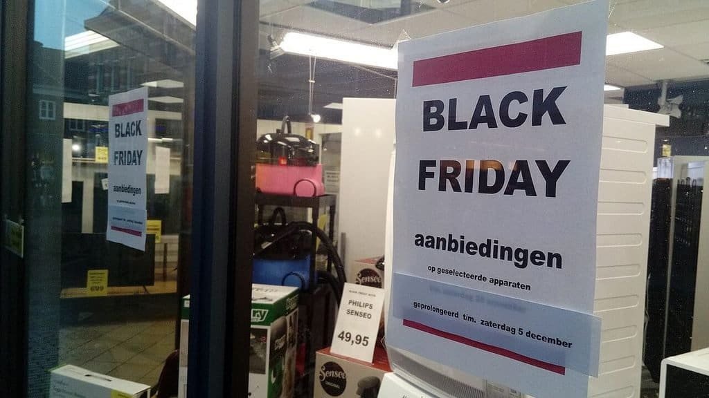 "Black Friday" sale sign in a shop doorway