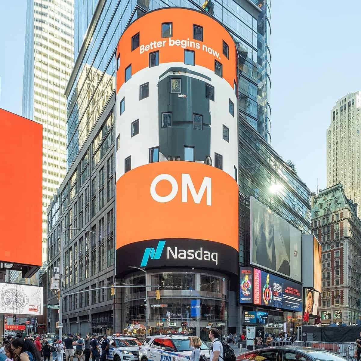 Nasdaq MarketSite tower in Times Square, New York, with its curved video screen and Nasdaq logo