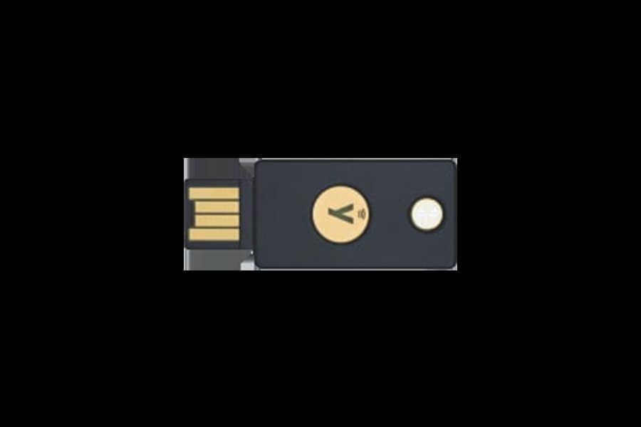 YubiKey 5 NFC hardware security key on a plain background