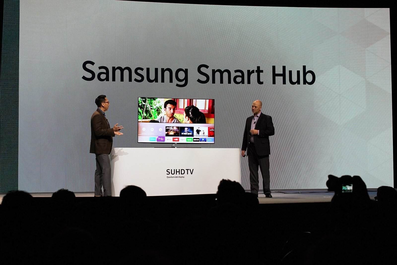 Samsung Smart Hub smart TV interface shown on stage at CES 2016