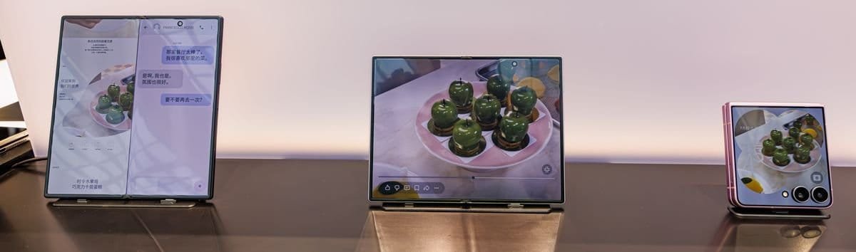 Samsung Galaxy Z Fold 8 Ultra, Galaxy Z Fold 8 and Galaxy Z Flip 8 standing open on a display shelf