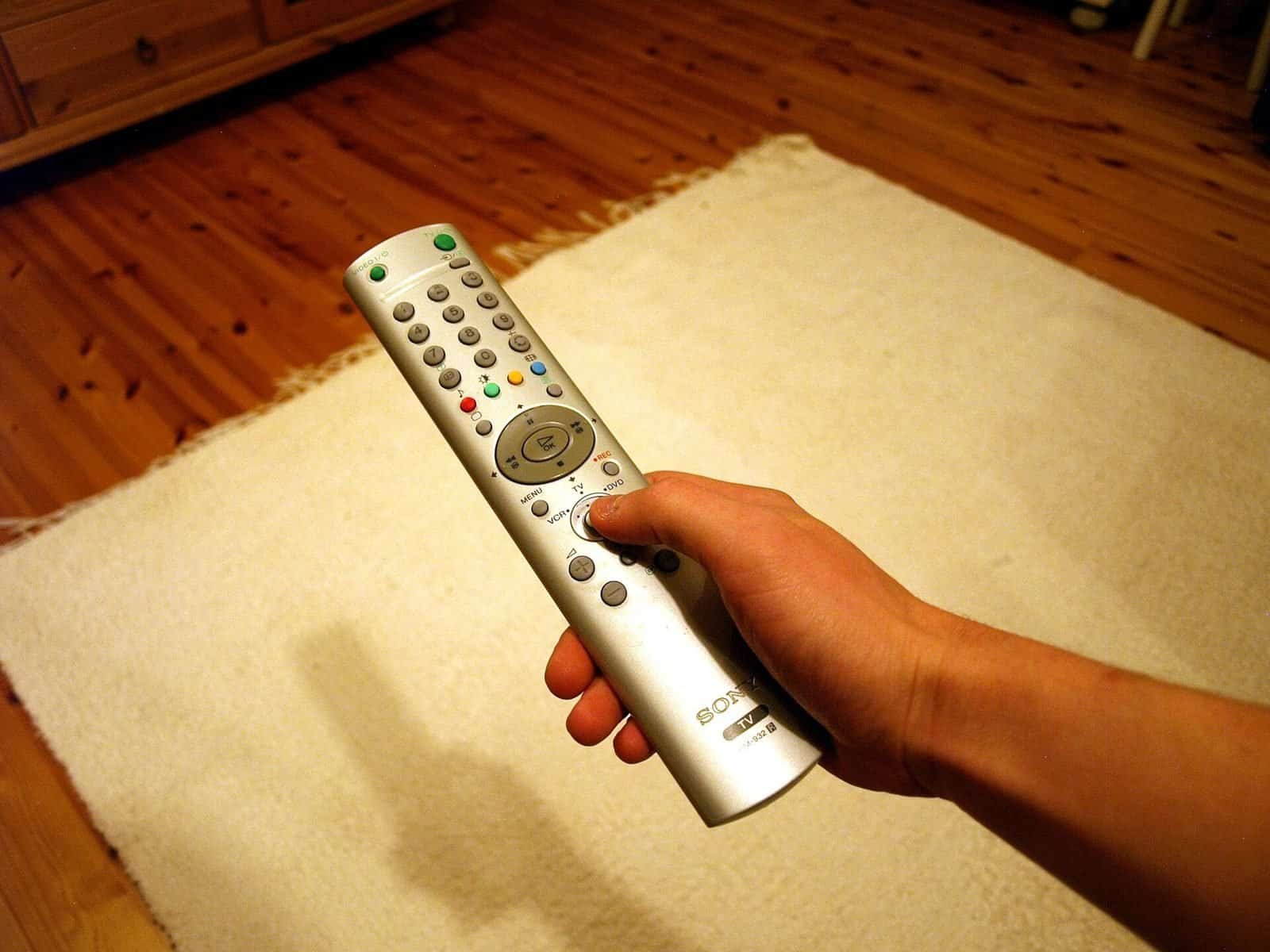 Hand holding a TV remote control