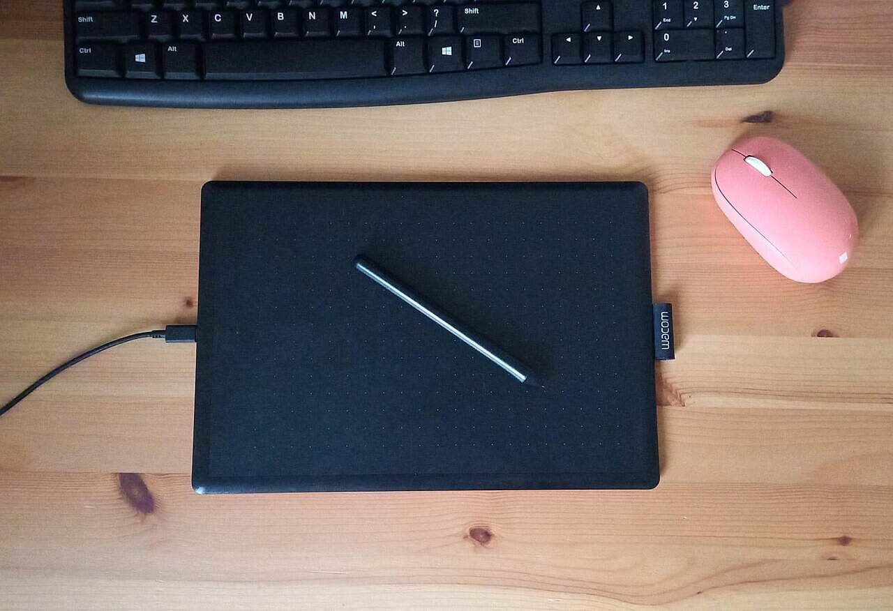 Tablet computer on a minimalist desk workspace