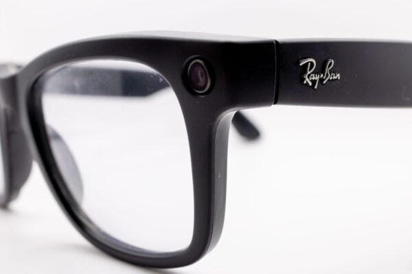 Close-up of black Ray-Ban Meta smart glasses showing the built-in camera