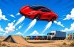 Cartoon illustration of a futuristic sports car jumping with air thrusters (not an actual photo of the Tesla Roadster)