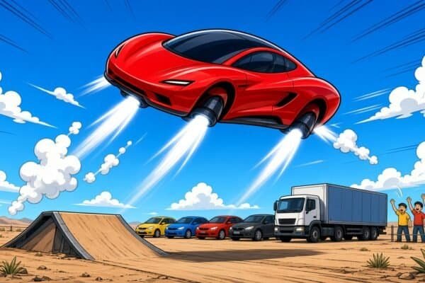 Cartoon illustration of a futuristic sports car jumping with air thrusters (not an actual photo of the Tesla Roadster)