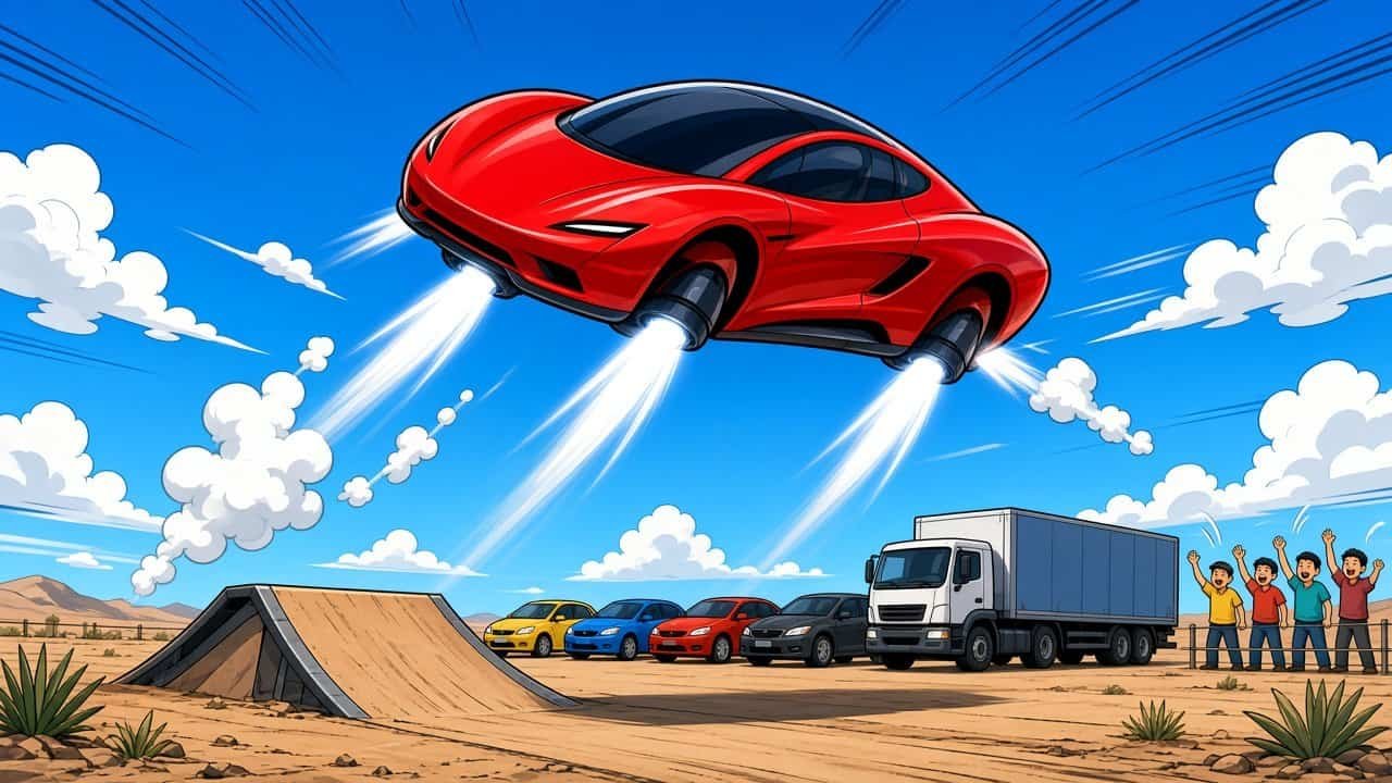 Cartoon illustration of a futuristic sports car jumping with air thrusters (not an actual photo of the Tesla Roadster)